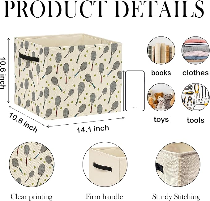 Tennis Gifts Storage Bin Box with Handles, Gifts for Tennis Lovers Foldable Baskets Organizer for Bedroom Bathroom Home Sports Room Clothes Toys Books, Toybox for Boys Girls - Image 2