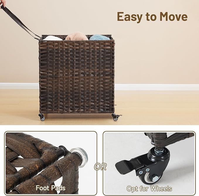 Laundry Hamper with Wheels, 39.6 Gallon(150L) Rolling Laundry Basket with Lid, 3-Section Rattan Clothes Hamper with 3 Removable Liner & 3 Mesh Bags, Laundry Sorter with Side Pocket, Brown - Image 6