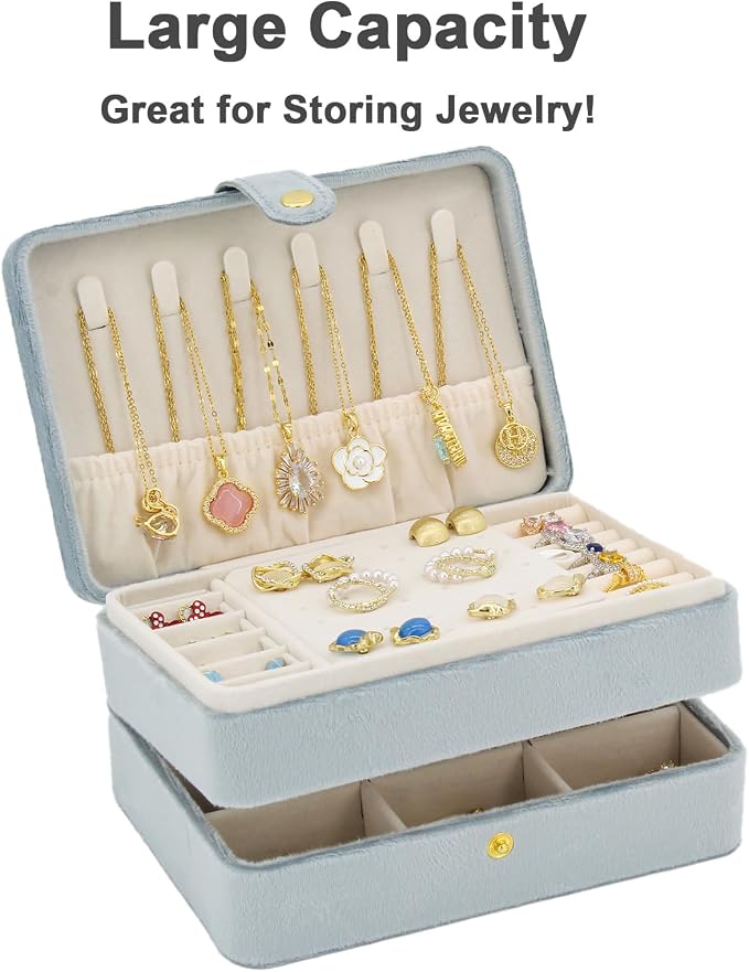 KOOAAICCHI Small Jewelry Box, Travel Jewelry Organizer, Portable Jewelry boxes for Women Girls Gift, Double Layers PU Leather Jewelry Holder for Rings, Earrings, Necklaces-Velvet Blue - Image 2