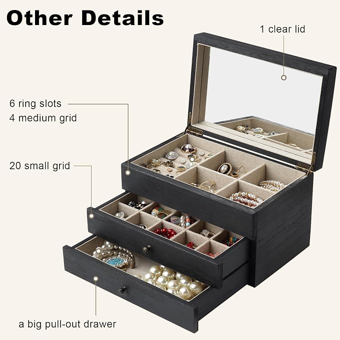 Meangood Jewelry Box Organizer for Women, 3 Layer Large Jewelry Storage Case, Rustic Wooden Jewelry Box with Mirror & Ring Tray for Necklace Earring Bracelets Rings, Vintage Style (Black) - Image 3