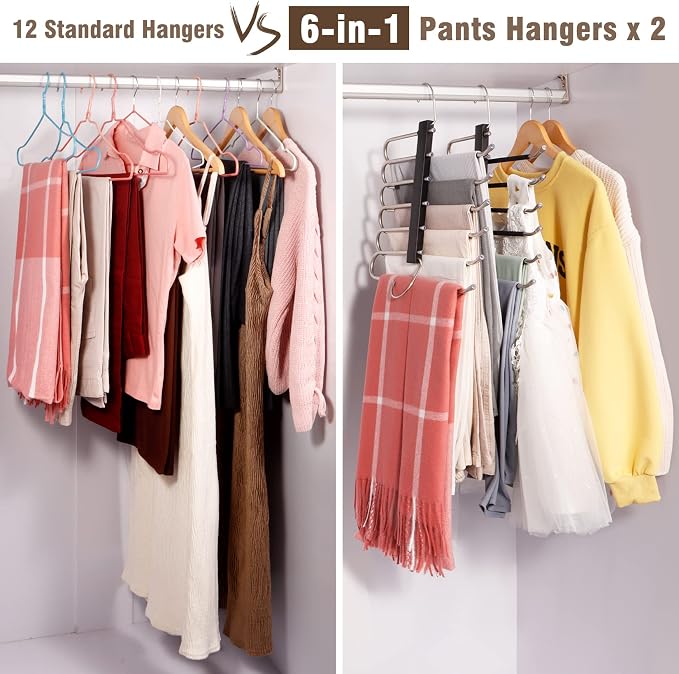 HUITEM 4 Pack 6-Tier Space Saving Pant Hangers, Anti-Slip, Lightweight, Stainless Steel, Black, 6 Pairs Jeans Hangers - Image 6