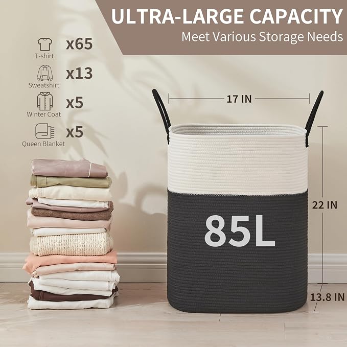 AINUOQI Laundry Basket with Handles - Blanket Basket & Hampers for Bedroom Aesthetic, Laundry Hamper & Blanket Storage for Living Room, Clothes Hamper, Tall, Large 17" x 14" x 25”, White & Black - Image 3