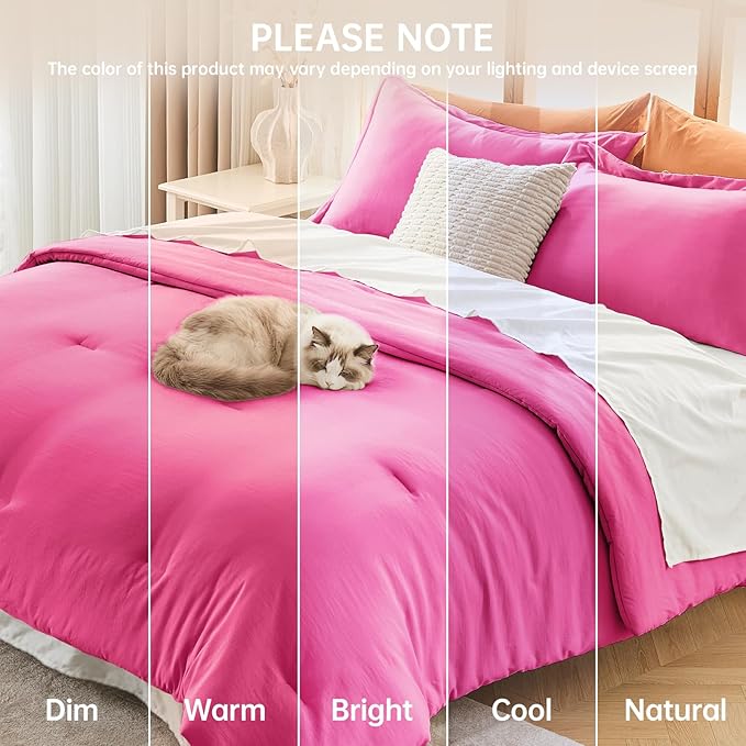 MUXHOMO Full Comforter Sets, All Season Ultra Soft Down Alternative Bedding - 3 Piece Lightweight Bed Set Includes 1 Comforter (82"x86") and 2 Pillow Shams (20"x26"), Hot Pink