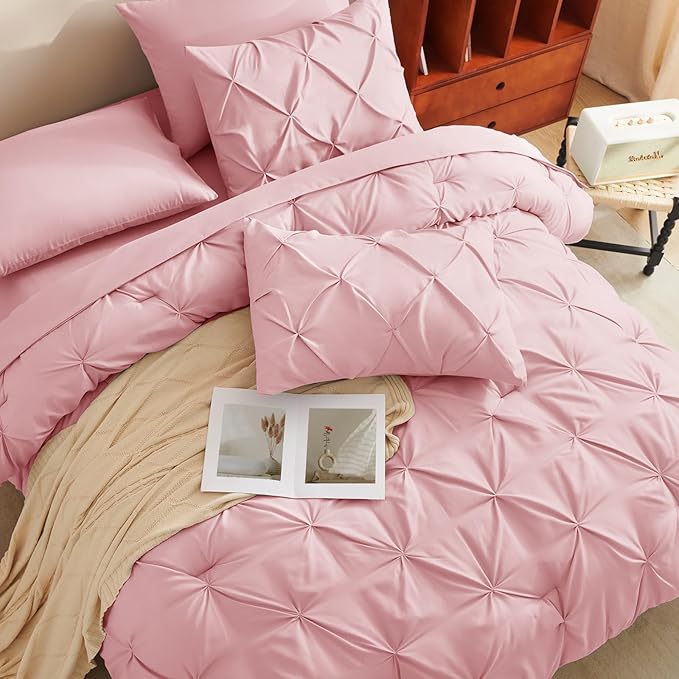 CozyLux Full Size Comforter Sets Pink, 7 Pieces Pintuck Bed in A Bag Pink Comforter Full Size, Pinch Pleat Bedding Sets with All Season Comforter, Sheets, Pillowcases & Shams