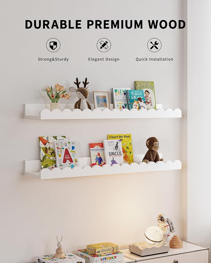Shario Nursery Book Shelves, 4-Pack White Floating Shelves for Wall Kids, Scalloped Shelves, Wall Book Shelves for Bedroom Kids, Toddler Room, Baby Room, Nursery Decor - Image 3