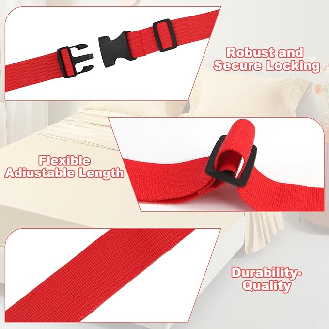 4 Pcs Mattress Topper Straps,63" L x 1.5" W,Adjustable Foam Mattresses Packing Straps with Sturdy Locked Buckles for Moving House Gel Mattress Topper,Storing Bedding Supplies,Red