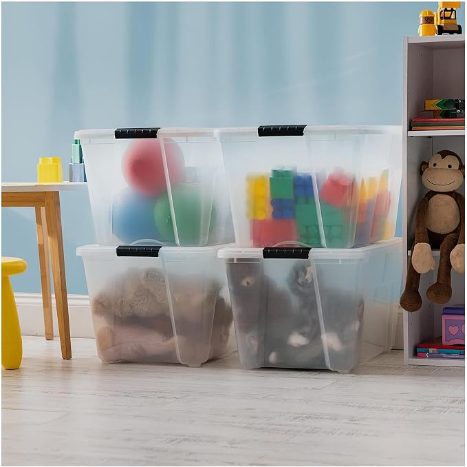IRIS USA 54 Qt Stackable Plastic Storage Bins with Lids, 8 Pack - BPA-Free, Made in USA - See-Through Organizing Solution, Latches, Durable Nestable Containers, Secure Pull Handle - Clear - Image 5