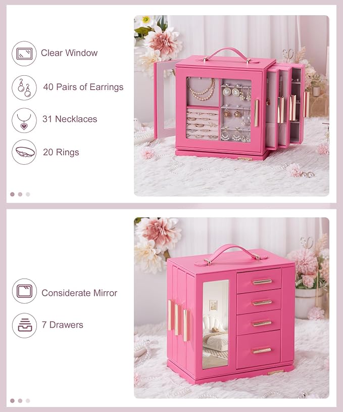 Homde Jewelry Box 360° Rotating, Necklace Earring Organizer with Transparent Window, Mirror, 7 Drawers, Large Ring Display Storage Case for Girls Women (Pink) - Image 4