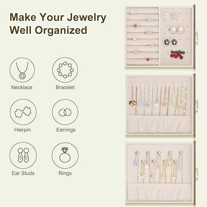 DesignSter Jewelry Box Organizer, Jewelry Box for Women, PU Jewelry Organizer Display Case with Side Drawers, Jewelry Storage for Earring Necklace Ring Bracelet Watch - Image 2