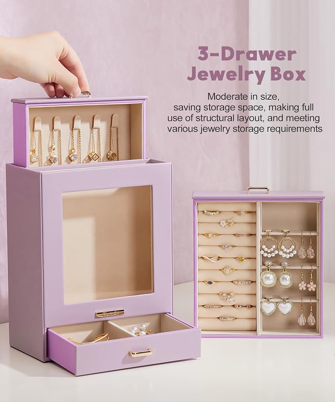 Homde Jewelry Organizer Girls Women Jewelry Box for Necklaces Rings Earrings Gift Bracelets Storage Case (Grey Purple + Gold) - Image 8