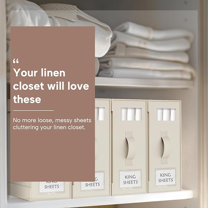 Criusia Bed Sheet Organizers and Storage, 8 Pack Foldable Linen Closet Organizer Box – Bedding Holder for Sheet Set (King/Queen Sizes), Duvet Covers, Blankets (Beige) - Image 3