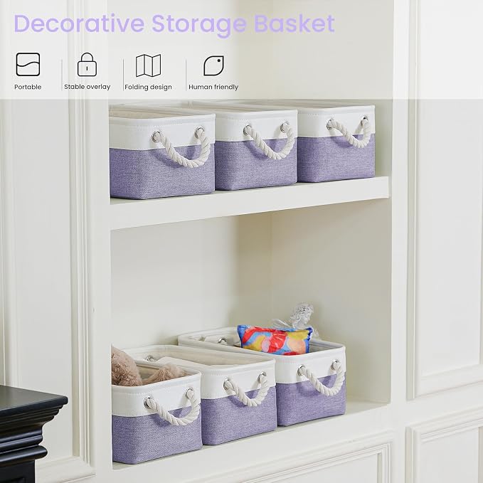 Storage Baskets for Shelves 11.8x7.9x5.2 Inch, Foldable Fabric Storage Bins with Handles, Small Storage Baskets for Organizing Closet, Office, Home Organization (3-Pack, White&Purple) - Image 5