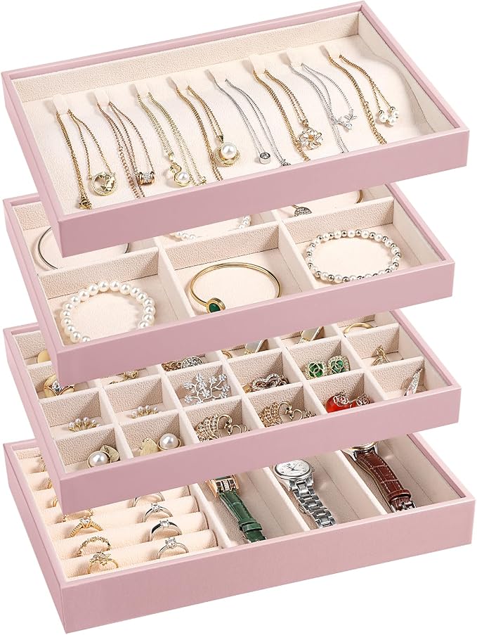 LANDICI Stackable Jewelry Organizer Trays 4 Set,PU Leather Jewelry Organizer Drawer,Jewelry Storage Display Tray for Earring Necklace Rings Bracelet with Removable Dividers,Rose Gold by LANDICI