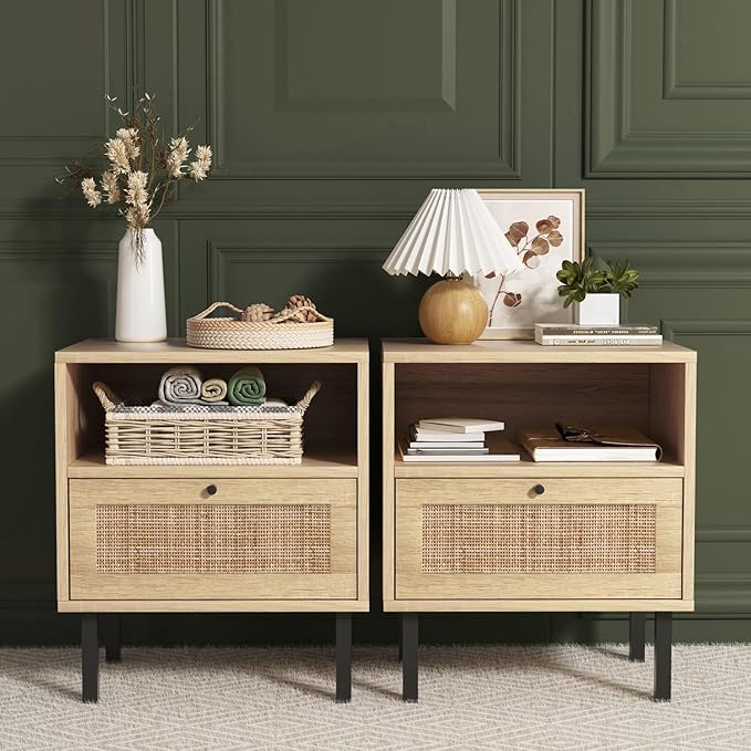 Angel Sar Rattan Nightstands Set of 2, Boho Night Stand with 1 Door, Accent End Table, Wood Bediside Table with Metal Legs&Open Shelf, Natural Wood