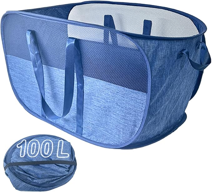 Extra Large Mesh Pop Up Laundry Hamper, 100L Collapsible Laundry Basket, Dirty Clothes Hamper with Reinforced Handles, Storage Bins for Shelves, Dorm or Home Portable Stair Laundry Basket. Blue by NairSnow