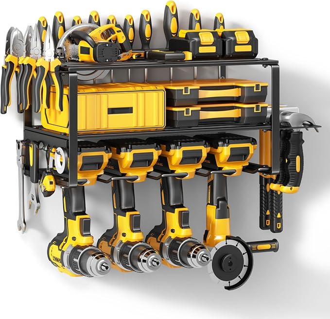 Hipidian Power Tool Organizer Wall Mount - Storage Rack with 4 Drill Holders for Drills Cordless Tools. Heavy Duty Iron Garage Tool Organizer Storage for Workshop Shed (4 Slots 3 Layers) by HipidianPowerToolOrganizer