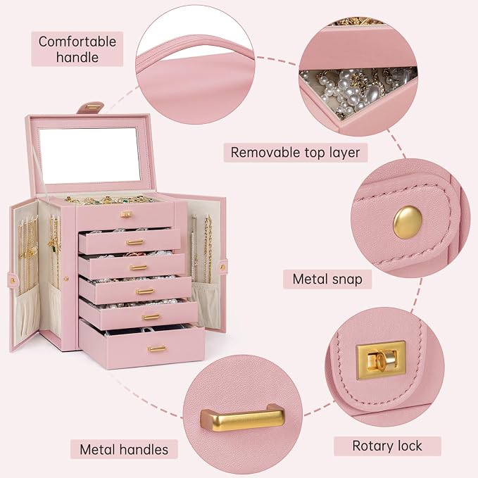 AKOZLIN 6-Tier Jewelry Box Organizer Functional 5 Drawers Leather Jewelry Storage Case for Women Girls Ring Necklace Earring Bracelet Holder Organizer with Mirror Pink - Image 3