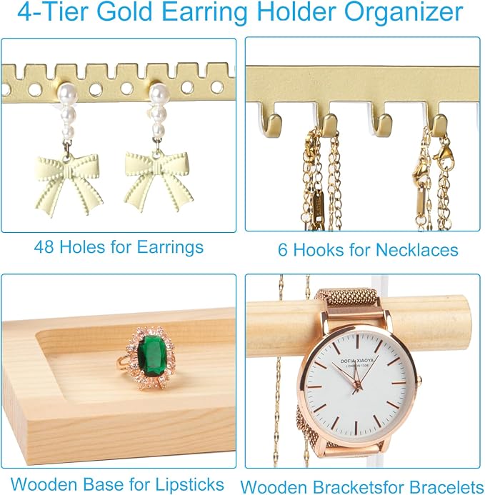 Jewelry Organizer Stand, Jewelry Holder, Lengnoy 4 Tier Earring Holder with 48 Holes and 6 Hooks Necklace Organizer Wood Box for Necklace Bracelet Earring Ring, Gold - Image 4