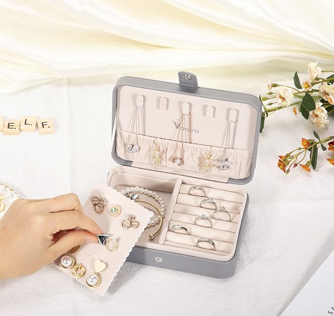 Voova Jewelry Box Organizer for Women Girls, 2 Layer Large Men Jewelry Storage Case, PU Leather Display Jewellery Holder with Removable Tray for Necklace Earrings Rings Bracelets (Grey, Small) - Image 5