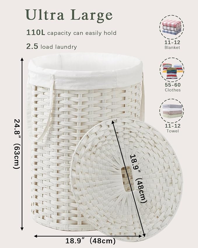SETVSON Laundry Basket with Lid Round Rattan Laundry Hamper with Lid and Handles 29.1 Gal (110 L) Handwoven Woven Basket with Removable Bags and 2 Mesh Bags for Bathroom Living Room White - Image 4