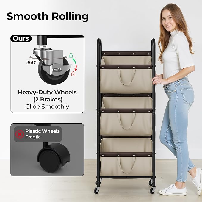 GRANNY SAYS 3 Tier Laundry Sorter, Laundry Basket with Wheels, Laundry Room Organization and Storage, 3 Section Rolling Laundry Cart for Dorm, Bathroom, Bedroom, Closet, Light Khaki - Image 5