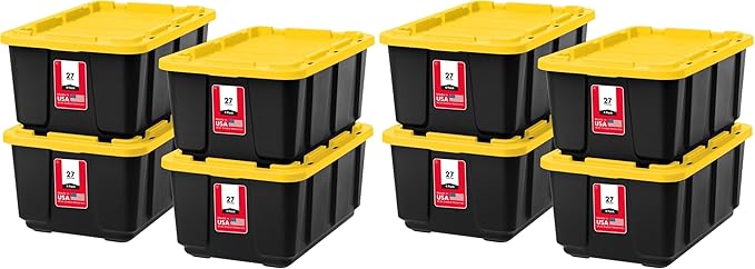 IRIS USA 8-Pack 27 Gallon Storage Bins with Lids |Made in USA| Heavy Duty Plastic Tote Containers for Truckbed Tool Box Organization, Large - Black/Yellow by IRISUSA