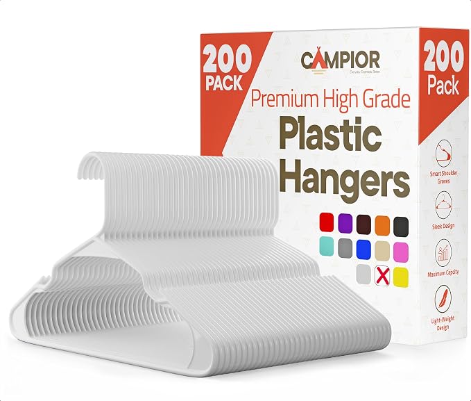 White Plastic Hangers 200 Pack– Heavy-Duty Plastic Hangers Slim and Space-Saving, Durable and Lightweight PP with Non-Slip Shoulder Notches for Slip Dresses, Suits, Jackets & Camisoles by Campior