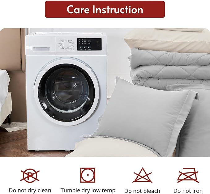 MUXHOMO 7 Pieces King Comforter Set, Reversible Bed in a Bag King Size, All Season Bedding Set with Comforter, Flat Sheet, Fitted Sheet, Pillowcases & Shams, Light Grey & Beige