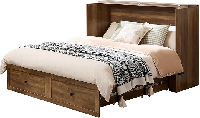 LUXOAK Full Murphy Bed with Storage and Charging Station, Farmhouse Cabinet Bed, Noise-Free, for Guest Room, Apartment, or Office, Barnwood