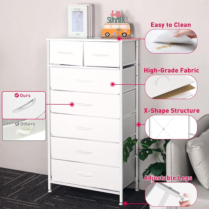 Mifuro Tall Dresser for Bedroom, Vertical Storage Organizer Tower with 7 Drawers, Chest of Drawers with Fabric Bins, Steel Frame, Wood Top for Bedroom, Closet, Entryway- White - Image 8