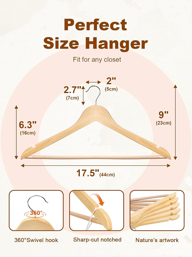 HOUSE DAY Bulk Wooden Hangers 2000 Pack（100 Cases, 20 Pack/Case）, Solid Wood Hanger with Non Slip Pant Bar, Heavy Duty Wooden Coat Hanger for Closet, Smooth Wood Clothes Hangers for Shirts, Natural - Image 11