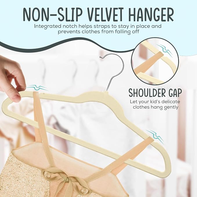 TechZoo 25 Premium Kids Velvet Hangers - 14" Non-Slip Clothes Hangers for Kids & Preteens - Ultra Slim, Space-Saving, Strong & Durable Hangers with 360° Swivel Hook - Beige - Image 6
