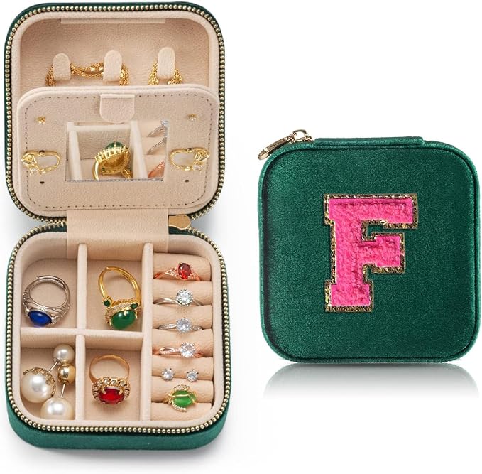 Personalized Velvet Travel Jewelry Case Box For Women Ring Necklace Earring Holder Organizer with Mirror Green Girls Box Birthday Gifts Mom Initial F by HKDSGF
