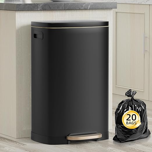 KdbK 13 Gallon Trash Can with Lid, 50L Fingerprint Proof Stainless Steel Kitchen Trash Can with Removable Inner Bucket and Lid Soft Close, Pedal Rubbish Bin for Home Office, Black by trashcan