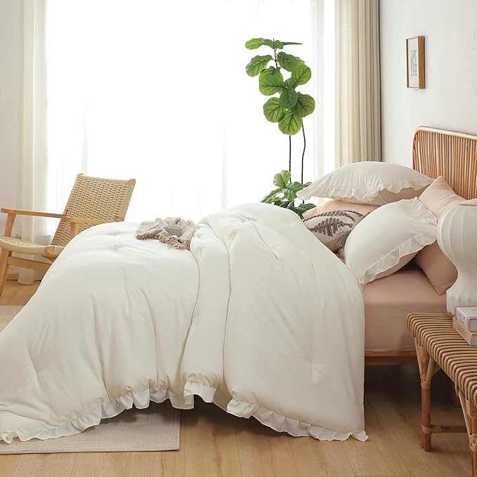 JANZAA Queen Comforter Set Creamy White Ruffle Comforter with 2 Pillowcase Soft Queen Size Bed Set Vintage Farmhouse Bed Comforter Set Fluffy Shabby Chic Bedding for All Season