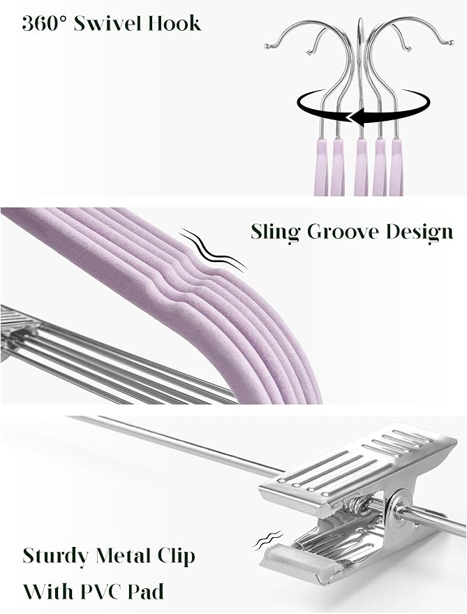 Cozymood Velvet Skirt Hangers 24 Pack, Purple Hangers with Clips Ultra Thin Non Slip Pants Hanger Space Saving Clothes Hanger with Clips for Pants, Skirts, Jeans, Shorts - Image 3