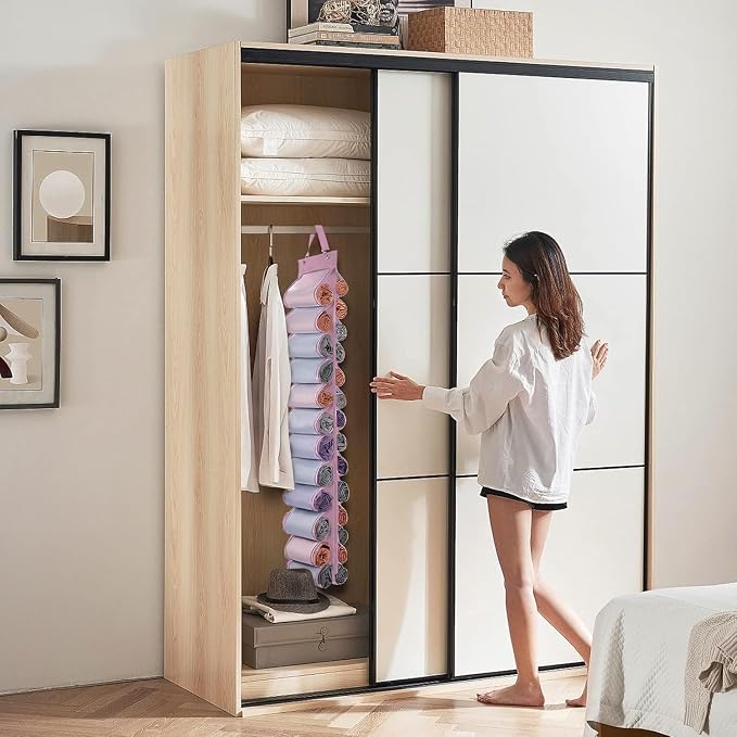 DHSFKBE Legging Organizer Storage, Shirt Organizer, Foldable Hanging Closet Organizer Storage with 26 Roll Independent Compartments for Yoga Pants, Tank Top, Towel, Underwear (Pink) - Image 5