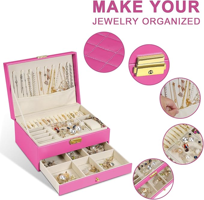 2-Layer Jewelry Box for women, jewelry organizers and storage with Removable Jewelry Tray, vintage quilted top Lockable Jewelry Holder Gift Idea Rose Red - Image 2