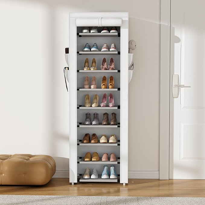 VILICK Shoe Rack with Cover Narrow Shoe Rack Organizer with 4 Side Pockets 10 Tier Tall Shoe Storage Shoe Shelf Holds 18-22 Pairs Shoes and Boots Shoe Rack for Closet, White - Image 2