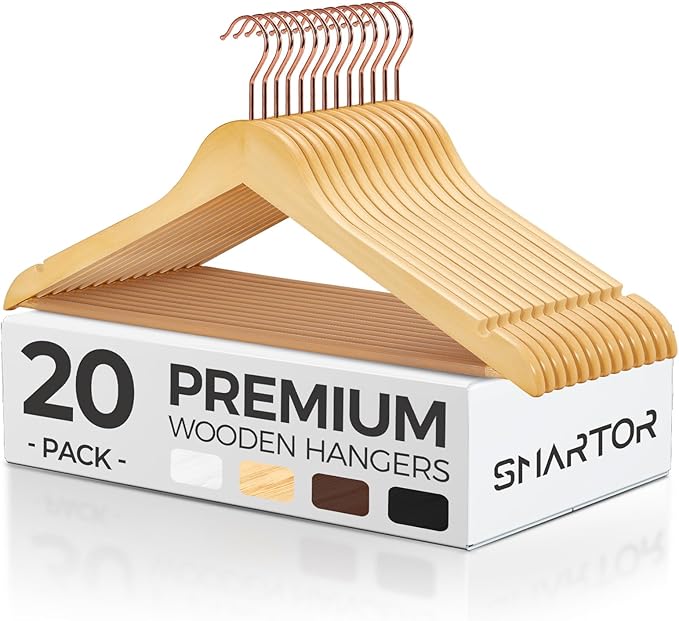 Smartor Wooden Hangers 20 Pack, Solid Wood Coat Hanger for Closet, Heavy Duty Wood Hangers for Suits, Shirts, Dresses, with 360° Rose Gold Hook, Non Slip Pant Bar, Natural by Smartor