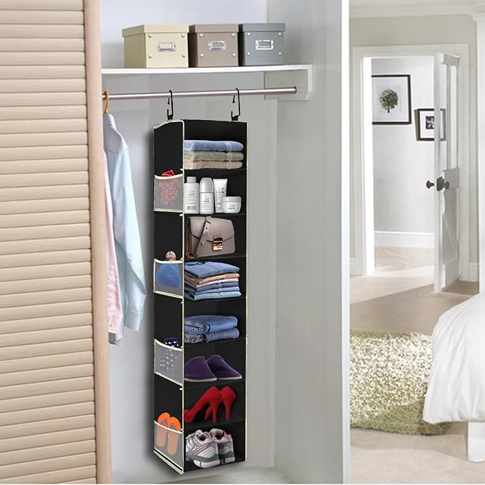 2 Pack Large-Sized Hanging Shoe Organizer 8-Shelf, Hanging Closet Organizer with 8 Side Pockets, Wider Hanging Shelves for Storage Shoes Clothes 9" W × 11.8" D× 48" H, Black. - Image 2