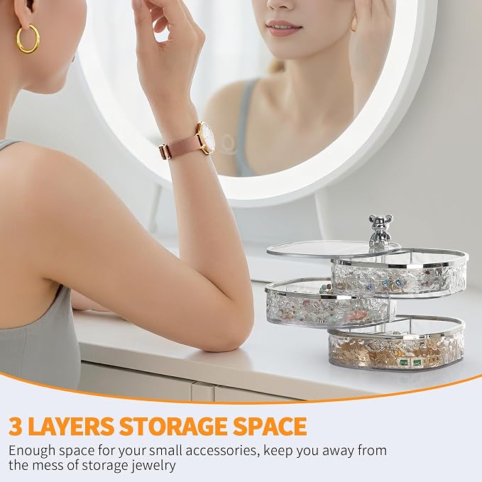 LETURE 3-Layers Rotatable Jewelry Organizer Storage Box, Clear Ripple Jewelry Holder Case for Ring Earring Necklaces Bracelets Makeup Hair Accessories, Small Rotating Jewelry Tray for Women (Clear) - Image 3