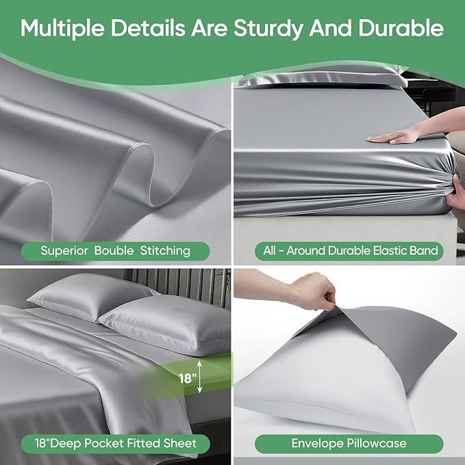 Luxury Organic Tencel & Viscose from Bamboo Cooling Sheet Set,Silky Soft Lyocell Sheets with Deep Pocket, Hypoallergenic & Breathable Bedding with Pillowcases (Gray, Queen)