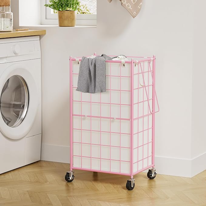 WOWLIVE Laundry Hamper with Wheels,Metal Wire Frame Rolling Laundry Basket with Removable bag,100L Dirty Clothes Hamper Organizer Dorm Room Storage for Bedroom,Bathroom,Pink - Image 4