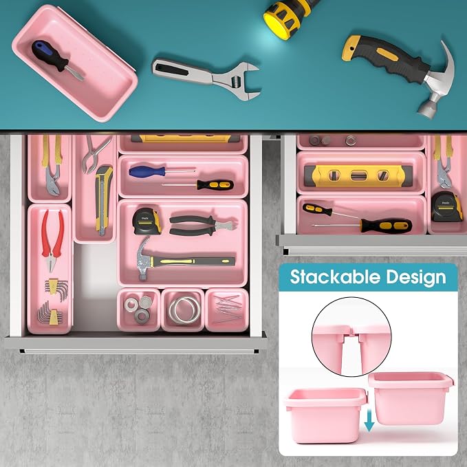 33 PCS Drawer Organizer Set, 4 Size Makeup Drawer Divider Organizer With Non-Slip Pads, Interlocking Plastic Storage Bins for Office,Jewelry Vanity,Gadgets, Bathroom,Kitchen, Pink - Image 5