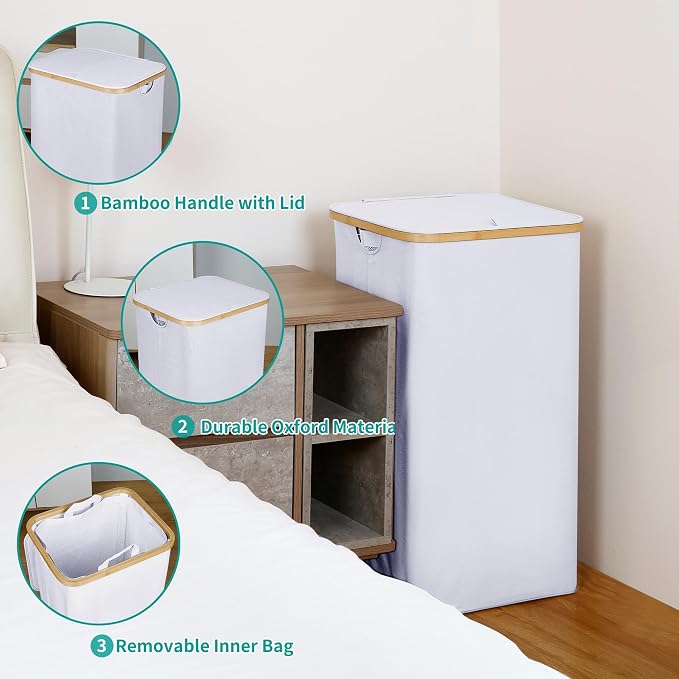 iEGrow 110L Laundry Hamper with Lid，Dirty Clothes Hampers for Laundry,Laundry Basket with Bamboo Handles and Removable Bag,Hamper for Bedroom, Bathroom, Dorm, Laundry Room, White - Image 5
