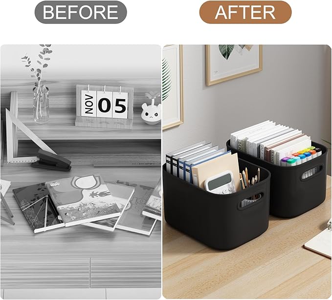 ORGIDOL 6 Pack Black Storage Bins with Lids Stackable Storage Container for Organizing, Black Storage Boxes with Handle for Shelves, Cute Organizer Bins for Craft, Snacks, 9.85x6.9x5.7 inch - Image 7