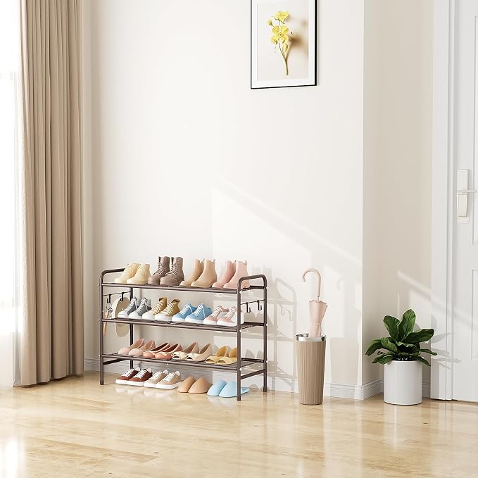 VILICK 3 Tier Shoe Rack 33" Wide Metal Shoe Organizer Long Shoe Storage with 4 Side Hooks Sturdy Shoes Shelf for Front Door Entrance, Closet, Garage, Dorm, Brown - Image 7