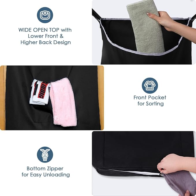 The Fine Living Co. Large Hanging Laundry Hamper with Over Door Hooks & Adhesive, Durable Space Saving Laundry Bag with Zipper and Wide Open Top, Hanging Dorm Laundry Hamper 18"x4.75"x28" (Black-L) - Image 7