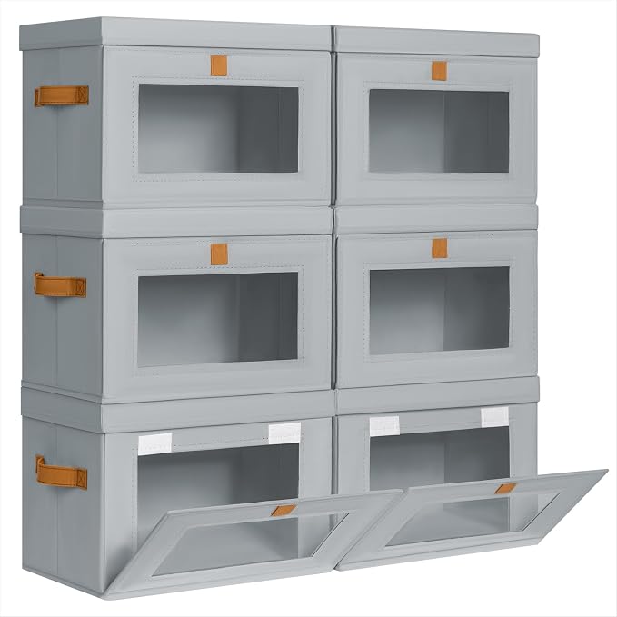 Homsorout Small Fabric Storage bins - Collapsible Storage Bins with Open Window, 6 Pack Closet Baskets for Shelves, Stackable Decorative Boxes for Home, Dorm, Grey, 13.7"x 9.8" x 9.8" by Homsorout